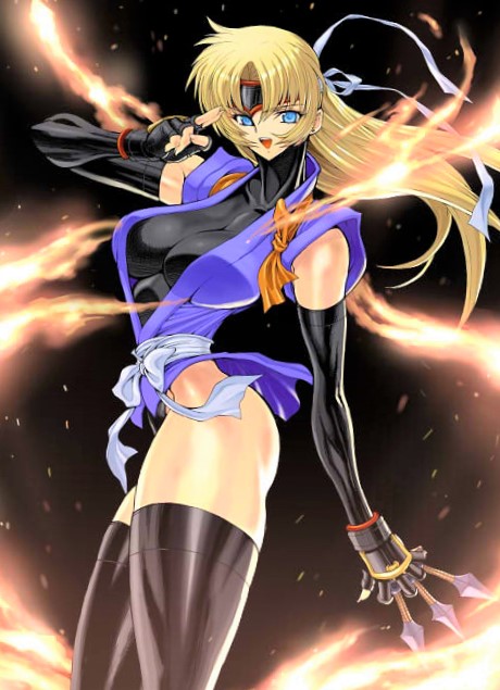 black_gloves, black_leotard, blonde_hair, blue_eyes, breasts, cowboy_shot, fingerless_gloves, gloves