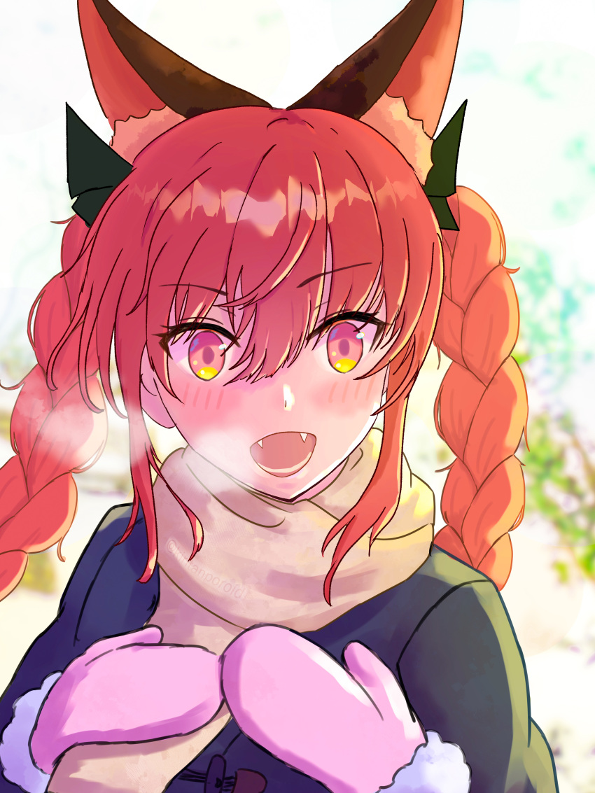 1girl, :d, absurdres, alternate_costume, animal_ears, blush, braid, cat_ears, extra_ears, fangs, highres, kaenbyou_rin, kiritanpo117, mittens, open_mouth, orange_eyes, red_eyes, redhead, scarf, signature, smile, solo, steam_from_mouth, touhou, tsurime, twin_braids, watermark, yellow_scarf