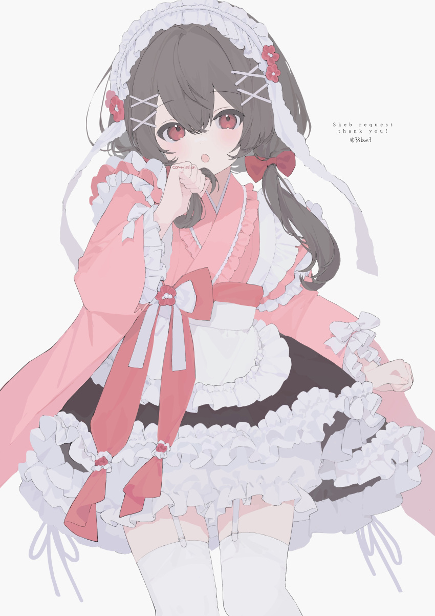 1girl, 33bun3, absurdres, apron, black_skirt, bow, brown_hair, commentary