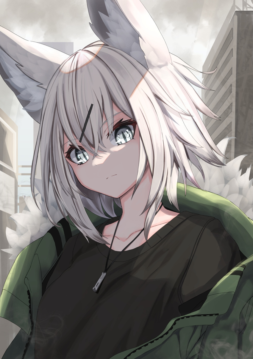 1girl, absurdres, animal_ear_fluff, animal_ears, black_shirt, fox_ears, fox_girl, green_jacket
