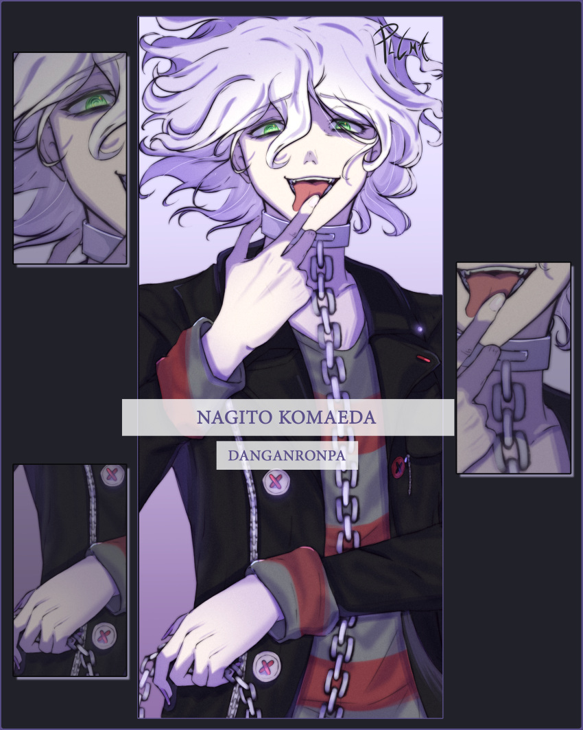 1boy, absurdres, bangs, black_jacket, buttons, chain, character_name, collar, collarbone, copyright_name, danganronpa_(series), danganronpa_another_episode:_ultra_despair_girls, fangs, grey_background, grey_hair, hair_between_eyes, hand_up, highres, jacket, komaeda_nagito, long_sleeves, looking_at_viewer, male_focus, medium_hair, messy_hair, metal_collar, multiple_views, open_clothes, open_jacket, open_mouth, plcma, servant_(danganronpa), shirt, smile, striped, striped_shirt, teeth, tongue, tongue_out, upper_body