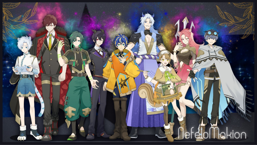 1other, 2girls, 6+boys, :<, :d, ;3, animal_ears, ankle_boots, aqua_eyes, arecos, arms_behind_back, astel_leda, asymmetrical_bangs, asymmetrical_legwear, bangs, beckoning, belt, beret, black_belt, black_coat, black_footwear, black_gloves, black_hair, black_jacket, black_pants, black_shirt, black_thighhighs, black_vest, blonde_hair, blue_bodysuit, blue_eyes, blue_hair, blue_shorts, body_markings, bodysuit, book, boots, bow_choker, bracelet, braid, braided_bangs, brown_belt, brown_cape, brown_footwear, brown_hair, brown_headwear, brown_shirt, brown_skirt, bubble_skirt, cape, choker, clenched_hands, clothing_cutout, coat, coat_on_shoulders, collared_shirt, colored_eyelashes, colored_inner_hair, cropped_jacket, cross_tie, curtained_hair, drawstring, everyone, fingerless_gloves, fox_ears, fox_girl, fringe_trim, full_body, fur-trimmed_coat, fur_trim, galaxy, gloves, goggles, goggles_on_head, gradient, gradient_clothes, gradient_jacket, green_eyes, green_hair, green_jacket, green_neckerchief, green_necktie, green_pants, grey_cloak, grey_footwear, grin, hair_between_eyes, hair_flaps, hajimari_no_kioku, hakama, hand_on_hip, hand_on_own_chest, hand_up, handheld_game_console, haruto_(hajimari_no_kioku), hat, high_heel_boots, high_heels, highres, hip_vent, holding, holding_book, holding_handheld_game_console, holding_quill, holostars, horns, jacket, jacket_on_shoulders, japanese_clothes, jewelry, juke_(astel_leda), kimono, knoll_(astel_leda), leg_tattoo, light_blue_hair, long_hair, long_sleeves, looking_at_object, looking_at_viewer, medium_hair, merck_(astel_leda), multicolored_hair, multiple_boys, multiple_girls, navel_cutout, neckerchief, necktie, official_art, one_eye_closed, open_hand, orange_shawl, pants, parted_bangs, parted_lips, paw_shoes, pectoral_cleavage, pectorals, phruity, pink_eyes, pink_hair, pink_nails, pink_skirt, polearm, puffy_long_sleeves, puffy_sleeves, purple_hakama, quill, red_eyes, red_vest, redhead, rope, rozu_ki, sandals, scowl, second-party_source, see-through, see-through_shawl, see-through_sleeves, sharp_teeth, shawl, shimenawa, shirt, shoes, short_hair, short_sleeves, shorts, shrug_(clothing), side_slit, skirt, sleeveless, sleeveless_kimono, sleeves_past_elbows, smile, socks, squirrel_tail, stirrup_legwear, streaked_hair, stridon, tail, tattoo, teeth, thigh-highs, thigh_boots, tiger_boy, tiger_ears, tiger_tail, toeless_legwear, toned, toned_male, trident, uratty, vest, virtual_youtuber, wavy_hair, weapon, white_choker, white_footwear, white_hair, white_kimono, white_shirt, white_socks, wrist_cuffs, yellow_jacket