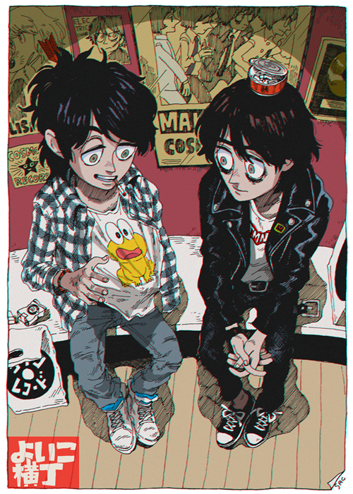 2boys, adjusting_clothes, bags_under_eyes, belt, black_hair, bracelet, brown_eyes, brown_hair