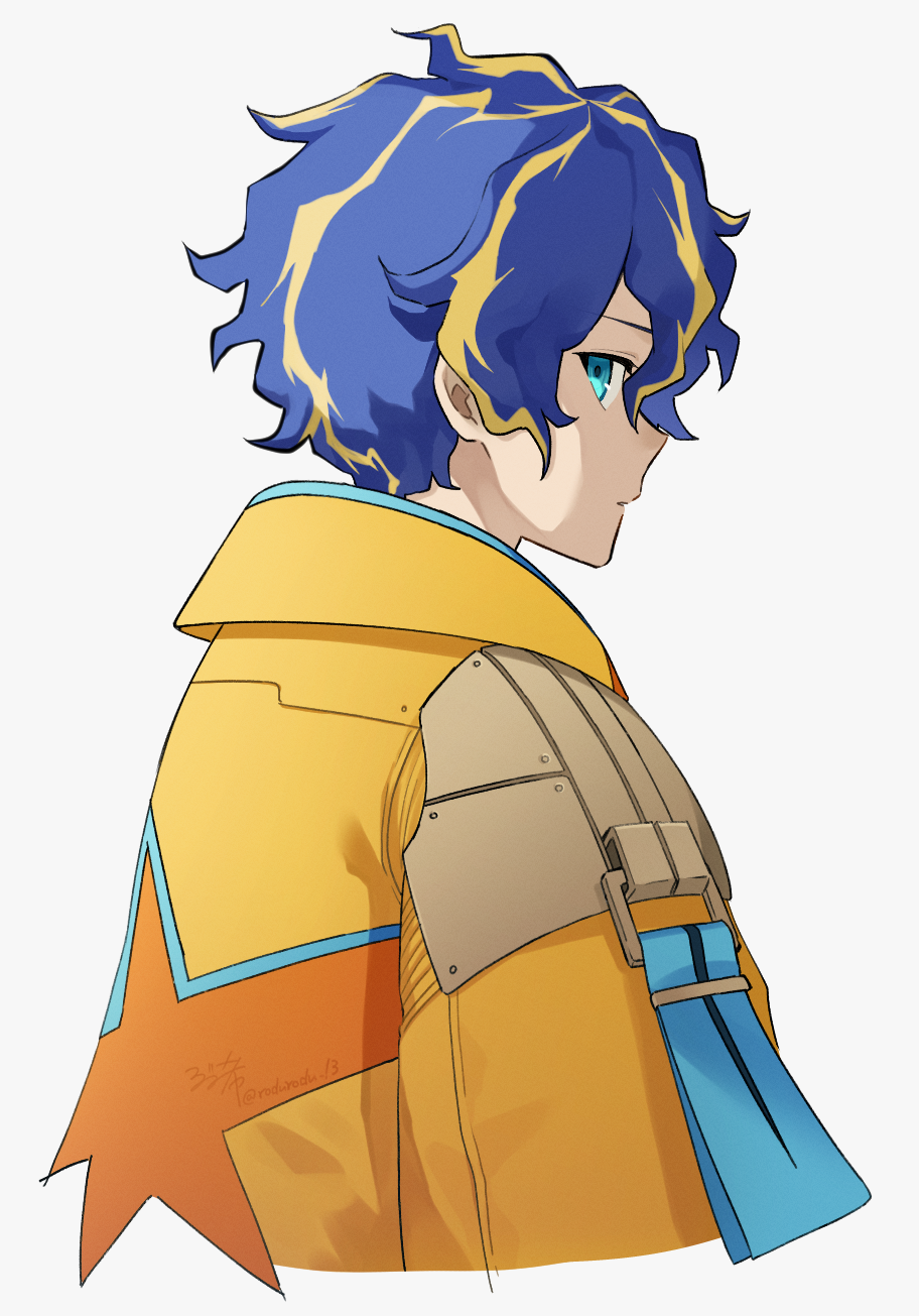 1boy, astel_leda, blonde_hair, blue_hair, cropped_torso, from_side, hair_between_eyes, highres