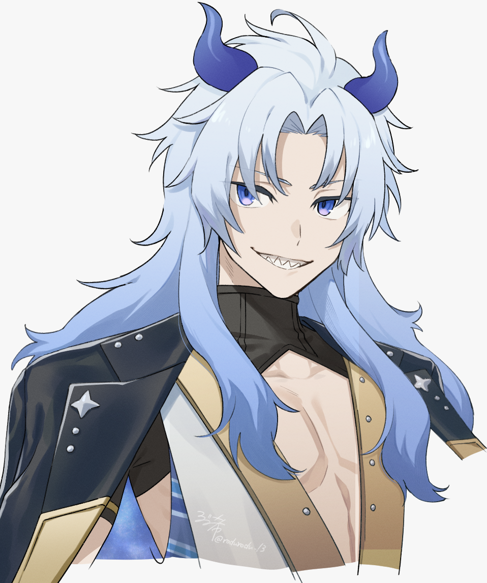 1boy, bangs, black_jacket, blue_eyes, blue_hair, blue_horns, cropped_torso, curtained_hair, grin, hajimari_no_kioku, horns, jacket, jacket_on_shoulders, light_blue_hair, long_hair, looking_at_viewer, male_focus, parted_bangs, pectoral_cleavage, pectorals, rozu_ki, sharp_teeth, shrug_(clothing), simple_background, sleeveless, sleeveless_jacket, smile, solo, stridon, teeth, toned, toned_male, white_background, white_jacket