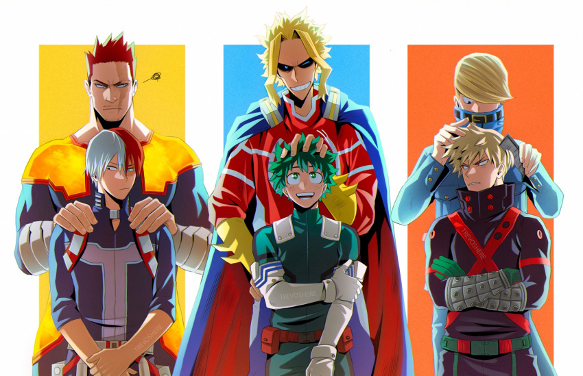 6+boys, :d, all_might, artist_name, bakugou_katsuki, bangs, belt, best_jeanist