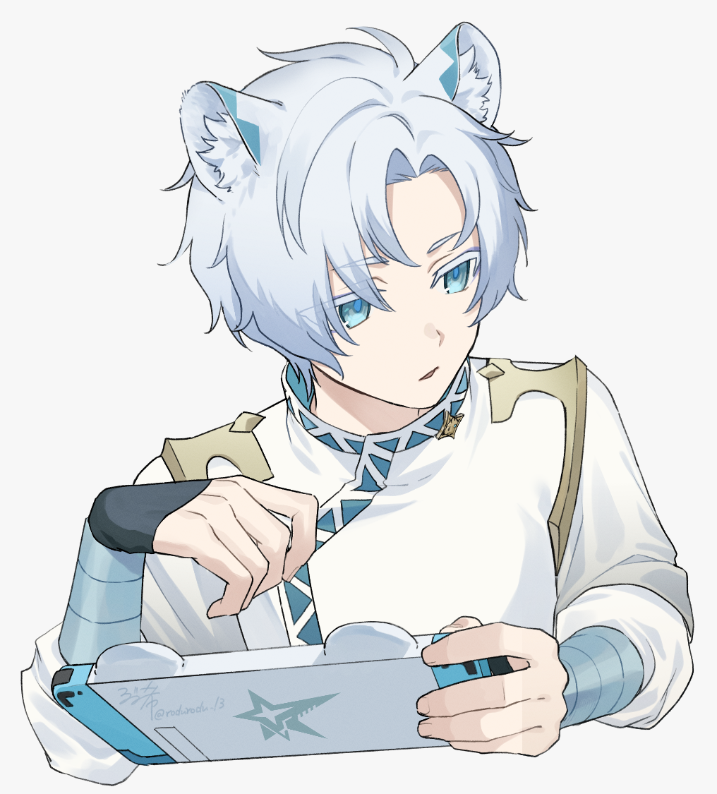 1boy, animal_ears, bangs, blue_eyes, blue_pupils, colored_eyelashes, cropped_torso, curtained_hair
