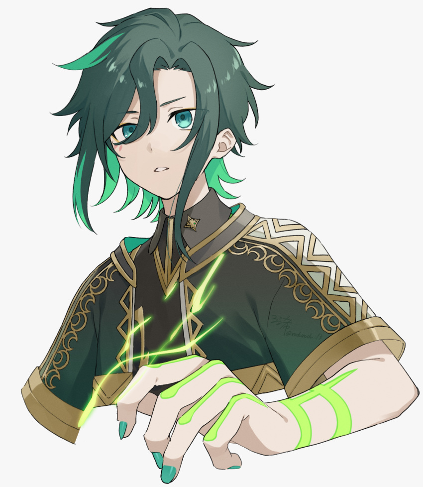 1other, aqua_eyes, aqua_nails, black_jacket, black_shirt, body_markings, collared_shirt, colored_inner_hair, cropped_jacket, cropped_torso, curtained_hair, energy, facial_mark, gradient, gradient_clothes, gradient_jacket, green_hair, green_jacket, hair_between_eyes, hajimari_no_kioku, highres, jacket, juke_(astel_leda), looking_ahead, multicolored_hair, other_focus, parted_lips, rozu_ki, shirt, short_hair, sidelocks, simple_background, solo, white_background