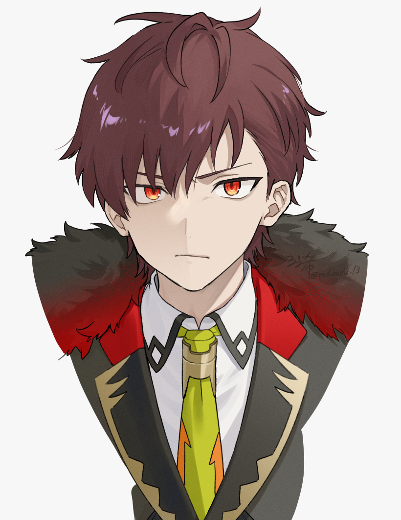 1boy, arecos, bangs, black_jacket, closed_mouth, collared_shirt, cropped_arms, fur_trim, green_necktie, hajimari_no_kioku, jacket, looking_at_viewer, male_focus, necktie, orange_eyes, redhead, rozu_ki, scowl, shirt, short_hair, simple_background, solo, upper_body, white_background, white_shirt