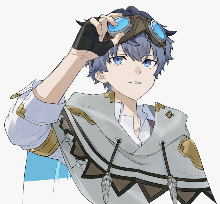 1boy, black_gloves, blue_eyes, blue_hair, collared_shirt, cropped_torso, drawstring, fingerless_gloves