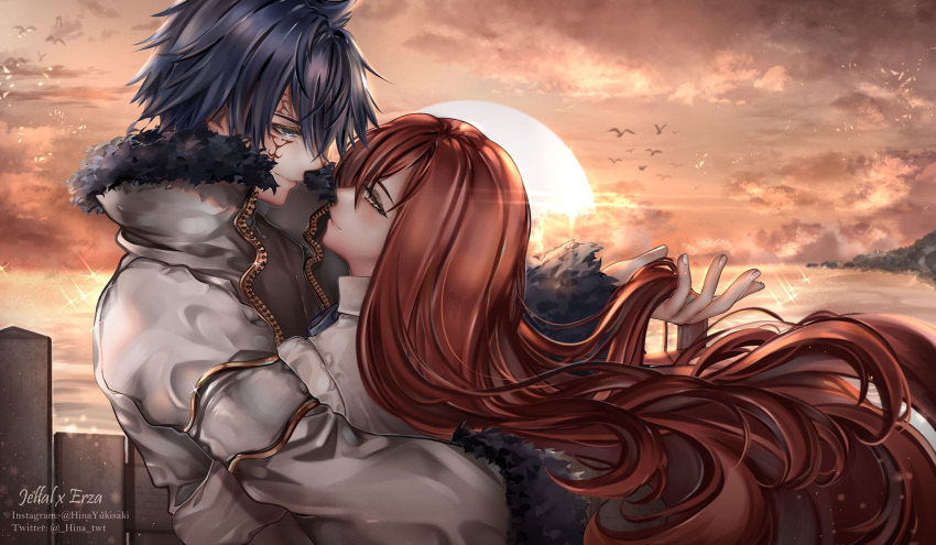 1boy, 1girl, black_shirt, blue_eyes, blue_hair, couple, erza_scarlet, facial_mark