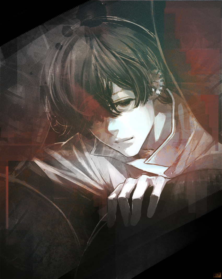 1boy, absurdres, ammenite, bangs, black_hair, chainsaw_man, ear_piercing, hair_over_one_eye