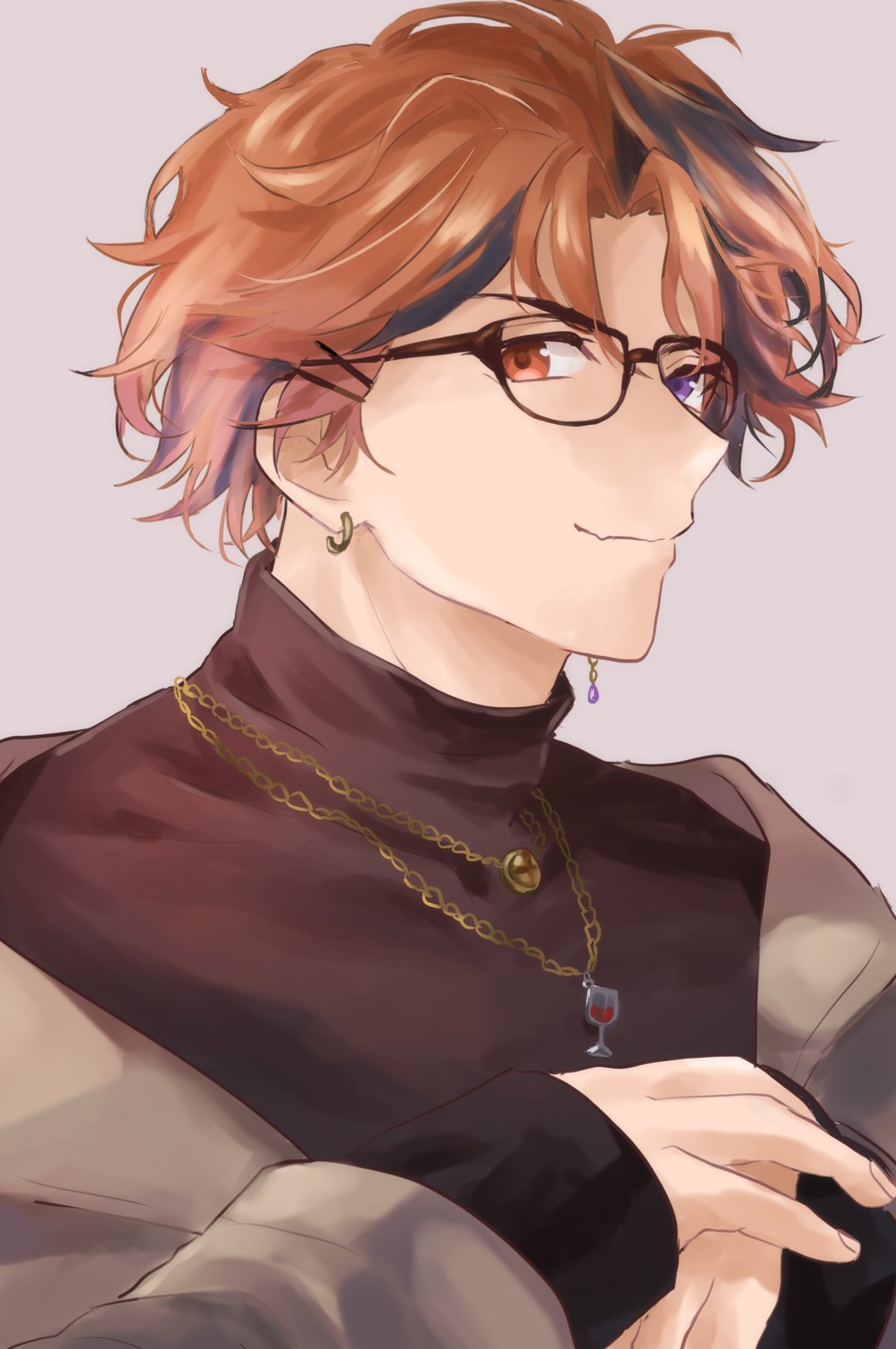 1boy, bangs, bespectacled, black_hair, brown_jacket, brown_shirt, earrings, glasses