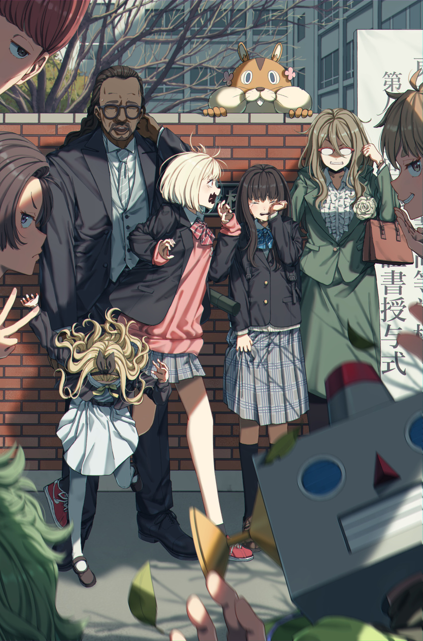 3boys, 6+girls, absurdres, bag, black_hair, black_hairband, blonde_hair, blue_bow