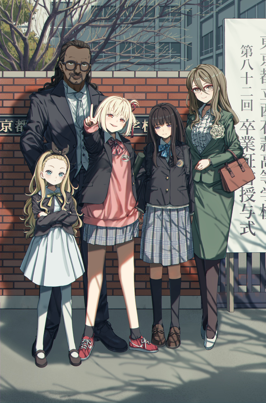 1boy, 4girls, absurdres, bag, black_hair, black_hairband, blonde_hair, blue_bow
