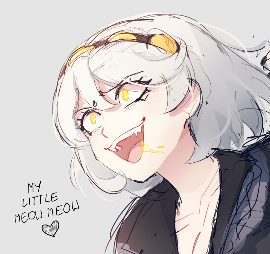 1girl, :d, bangs, brown_hairband, cheer_(cheerkitty14), english_text, fangs, grey_background, hair_between_eyes, hairband, heart, murder_drones, portrait, saliva, simple_background, smile, solo, teeth, tongue, upper_teeth_only, yellow_eyes