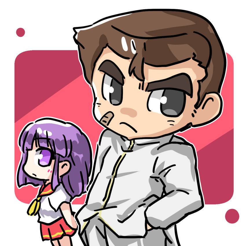 1boy, 1girl, akudama_geku, bandaid, bandaid_on_face, black_eyes, brown_hair, chibi