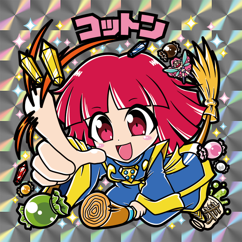 2girls, blue_dress, bob_cut, broom, chibi, cotton_(character), cotton_(game), dress