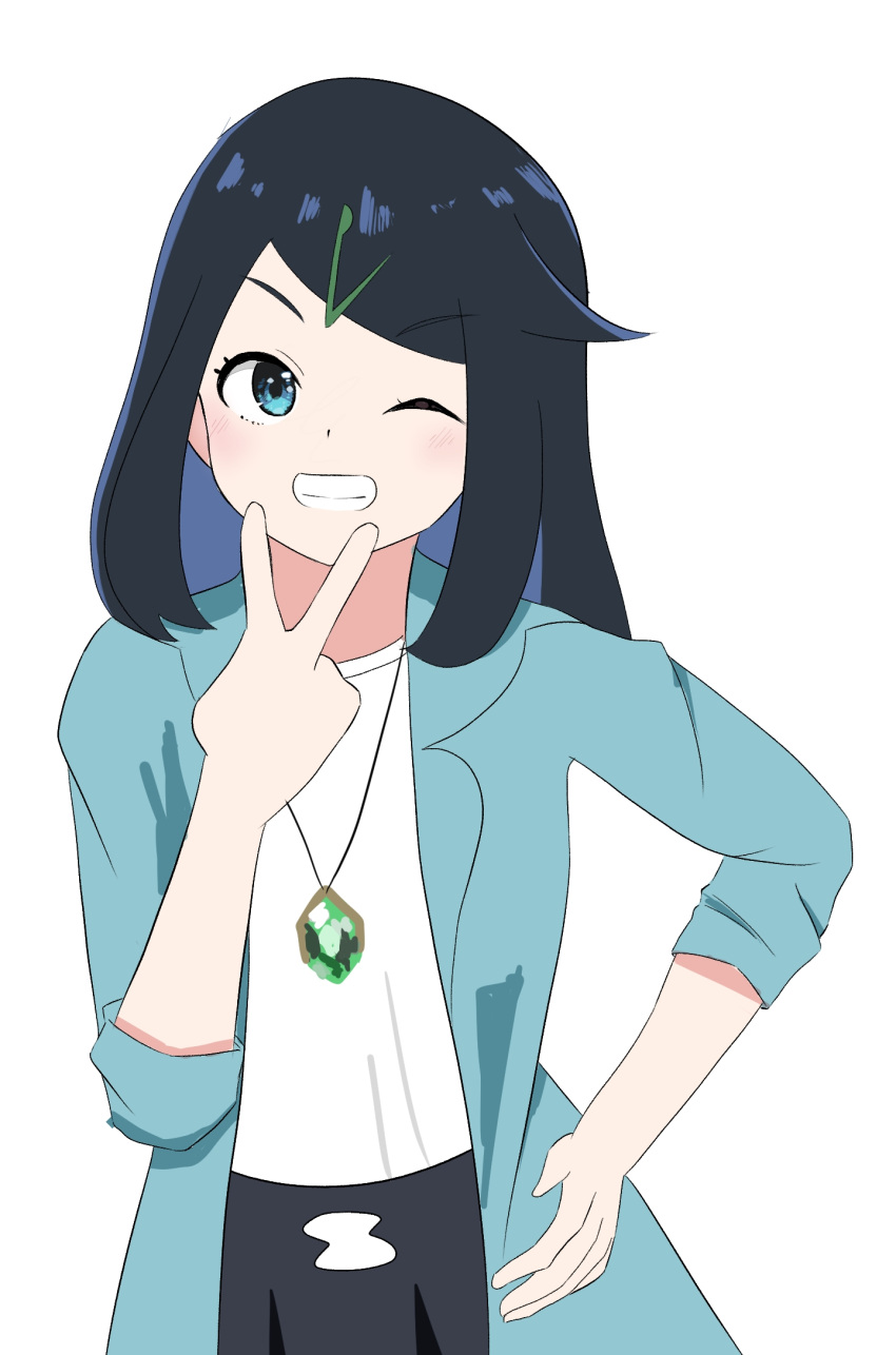 1girl, black_hair, blue_eyes, blue_jacket, colored_inner_hair, hair_ornament, happy, highres