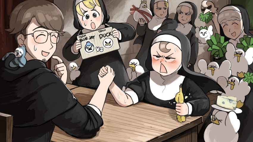 1boy, 5girls, :o, ^_^, arm_wrestling, banana, bird, blonde_hair, blue_eyes, blue_jay, blue_jay_monk, brown_hair, catholic, cheese, chicken, closed_eyes, clumsy_nun_(diva), diva_(hyxpk), duck, english_commentary, food, freckles, frog_headband, froggy_nun_(diva), fruit, glasses, grey_hair, grumpy_nun_(diva), habit, highres, little_nuns_(diva), monk, multiple_girls, nun, ostrich, owl, pom_pom_(cheerleading), sheep_nun_(diva), smile, smug_nun_(diva), triangle_mouth