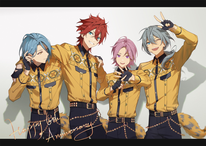 4boys, amagi_rinne, bangs, belt, black_gloves, blue_eyes, blue_hair, collared_shirt