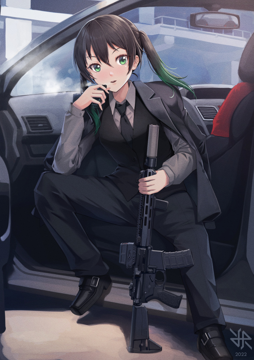 1girl, assault_rifle, bcm_mcmr, black_footwear, black_hair, black_jacket, black_necktie, black_pants