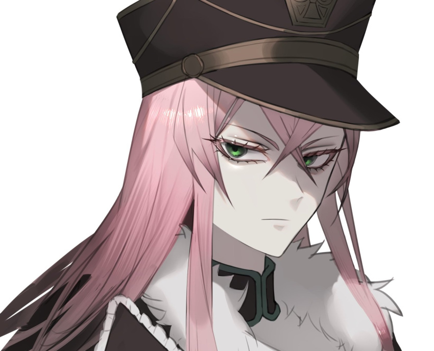 1girl, black_clover, black_headwear, cloak, closed_mouth, colored_eyelashes, frit_2, fur-trimmed_cloak, fur_trim, green_eyes, hat, highres, long_eyelashes, looking_at_viewer, military_hat, pink_eyes, princia_funnybunny, solo, white_background