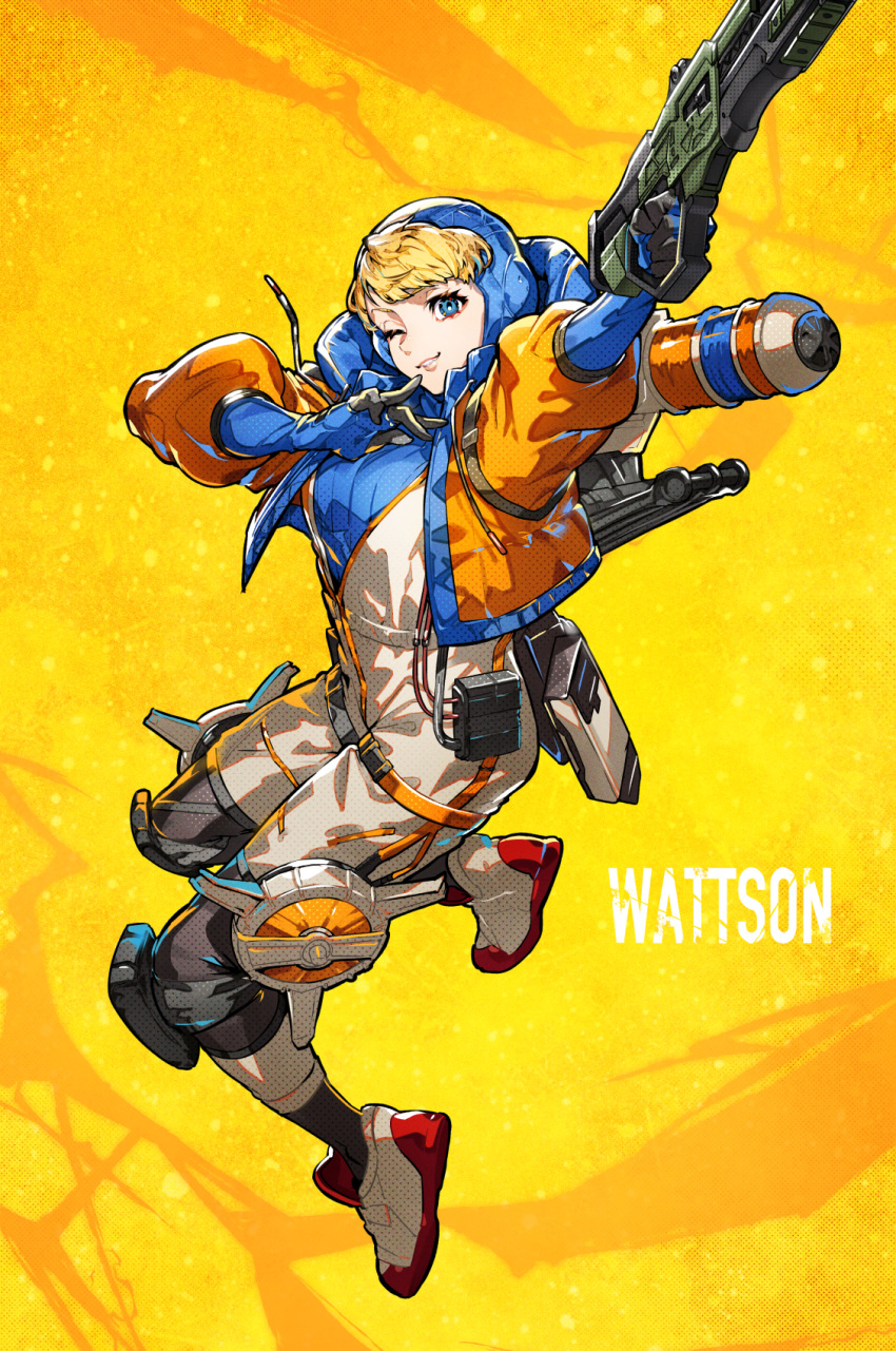 1girl, animification, apex_legends, blonde_hair, blue_bodysuit, blue_eyes, blue_gloves, blue_headwear