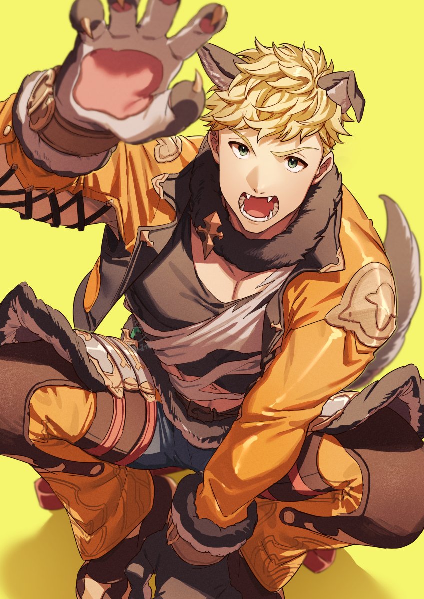 1boy, animal_ears, bangs, black_tank_top, blonde_hair, cropped_jacket, fangs, feb_itk, fur_collar, granblue_fantasy, highres, jacket, large_pectorals, male_focus, muscular, muscular_male, official_alternate_costume, open_clothes, open_jacket, open_mouth, orange_jacket, pectorals, shirt, short_hair, solo, tail, tank_top, torn_clothes, torn_shirt, vane_(granblue_fantasy), vane_(halloween)_(granblue_fantasy), white_shirt, wolf_boy, wolf_ears, wolf_paws, wolf_tail