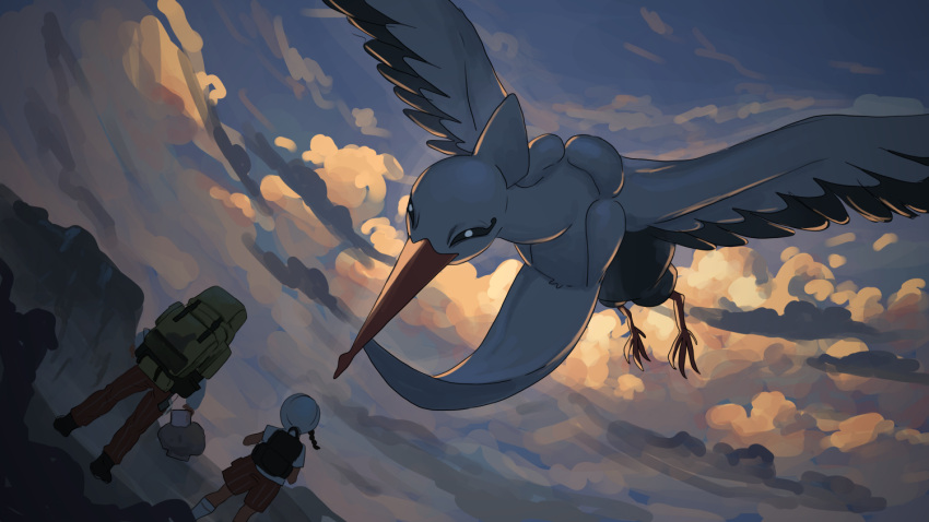 1boy, 1girl, animal, arven_(pokemon), backpack, bag, bird, black_bag