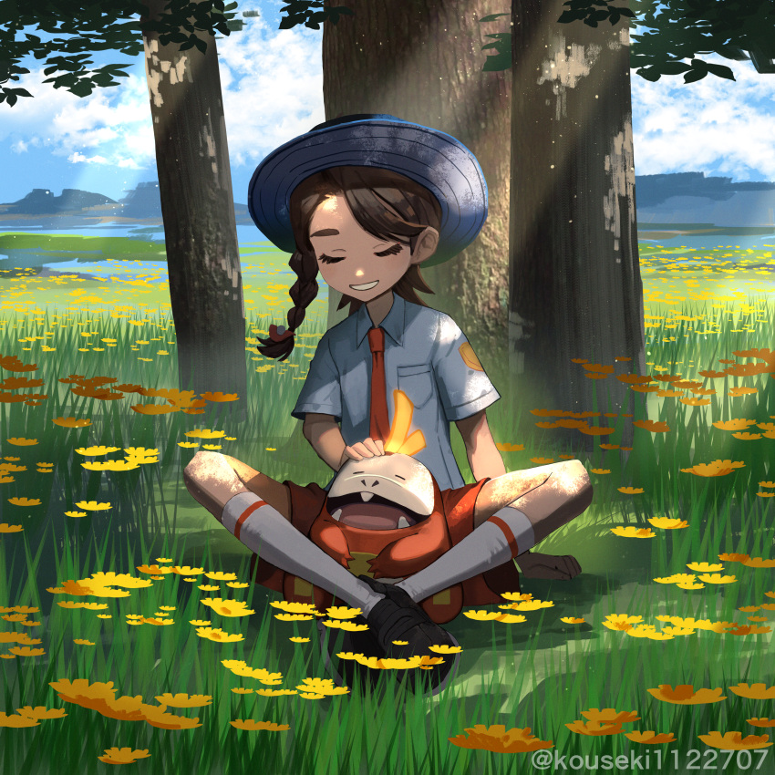 1girl, absurdres, bangs, black_footwear, braid, brown_hair, closed_eyes, clouds, collared_shirt, commentary_request, day, eyelashes, flower, fuecoco, grass, hat, highres, juliana_(pokemon), kouseki_(ujyh7732), necktie, orange_necktie, orange_shorts, outdoors, pokemon, pokemon_(creature), pokemon_(game), pokemon_sv, shirt, shoes, short_sleeves, shorts, sitting, sky, smile, socks, tree, yellow_flower