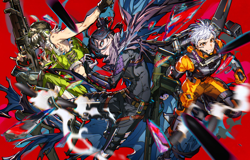 1boy, 2girls, absurdres, animification, apex_legends, armor, assault_rifle, black_bodysuit
