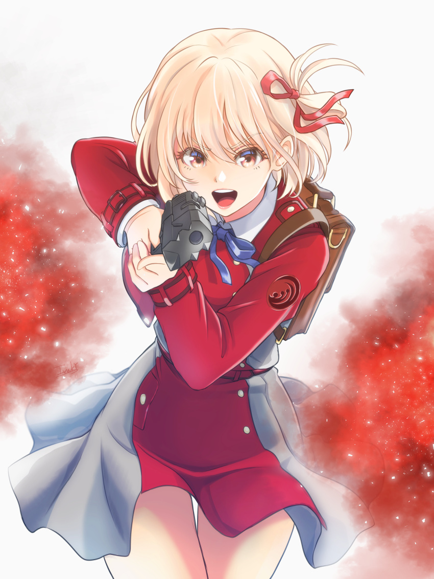 1girl, :d, backpack, bag, bangs, belt, blonde_hair, blue_ribbon