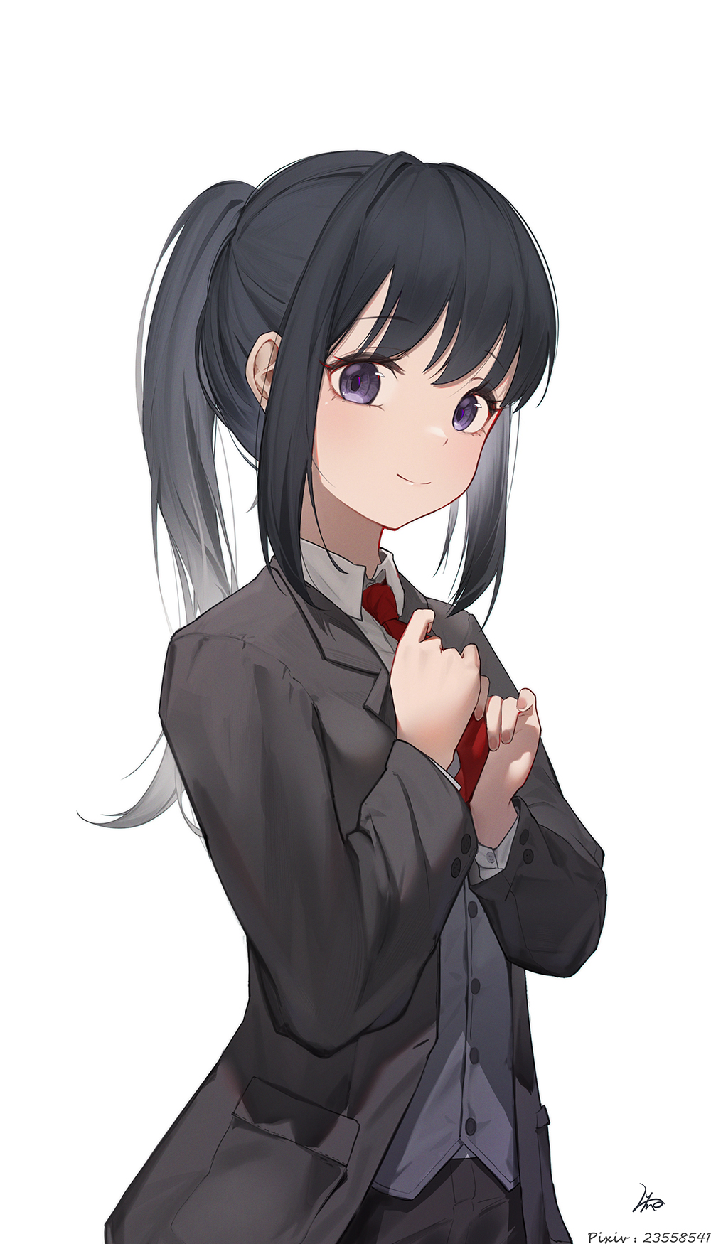 1girl, black_hair, black_jacket, blue_eyes, closed_mouth, dress_shirt, formal, grey_vest