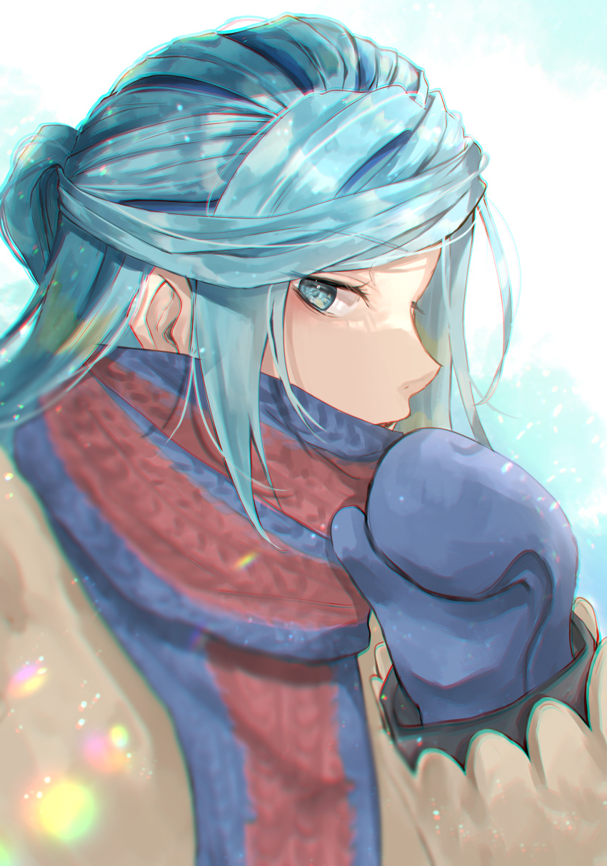 1boy, absurdres, blue_mittens, blurry, commentary_request, green_eyes, green_hair, grusha_(pokemon)