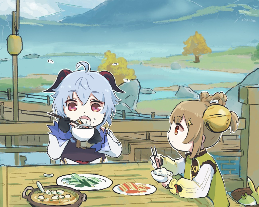 2girls, architecture, artist_name, bowl, bridge, chibi, chopsticks, day