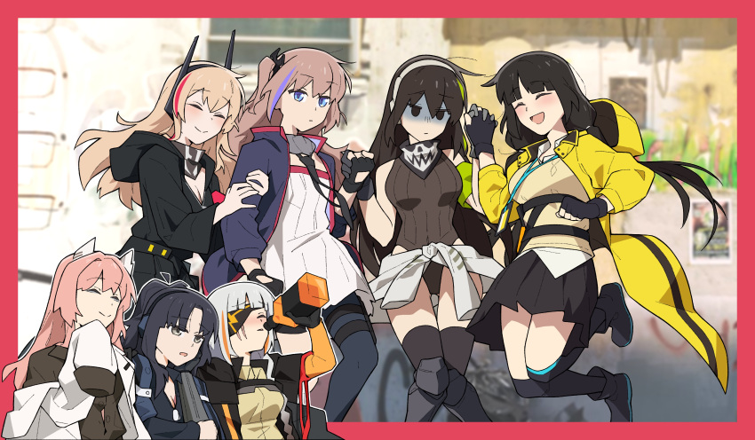 6+girls, absurdres, angelia_(girls'_frontline), animal_ears, anti-rain_(girls'_frontline), arm_grab, black_eyes, black_hair