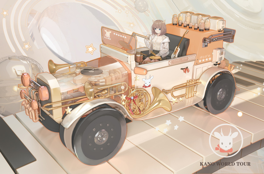 1girl, absurdres, blue_eyes, breasts, brown_hair, brown_pantyhose, bulaimeituya, car