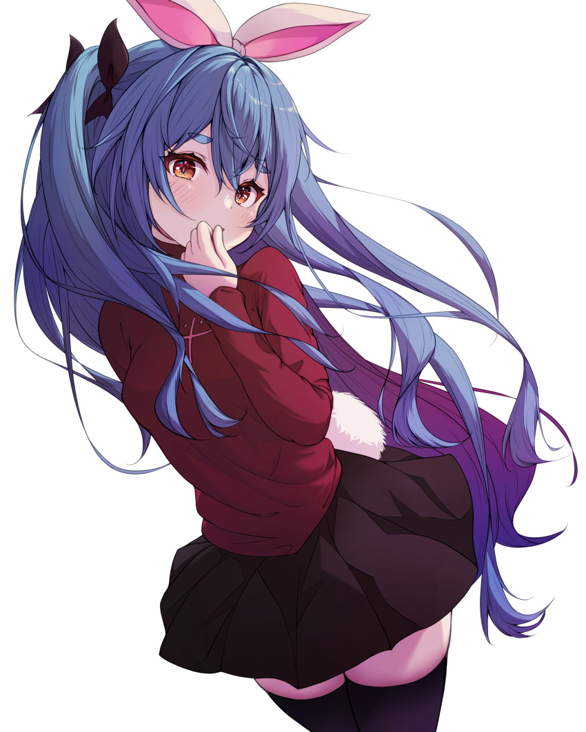 1girl, absurdres, black_ribbon, black_thighhighs, blue_hair, blush, brown_skirt, cosplay