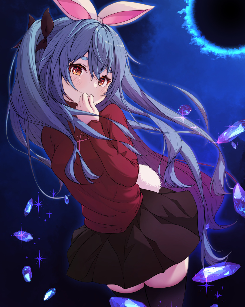 1girl, absurdres, black_ribbon, black_thighhighs, blue_hair, blush, brown_skirt, cosplay