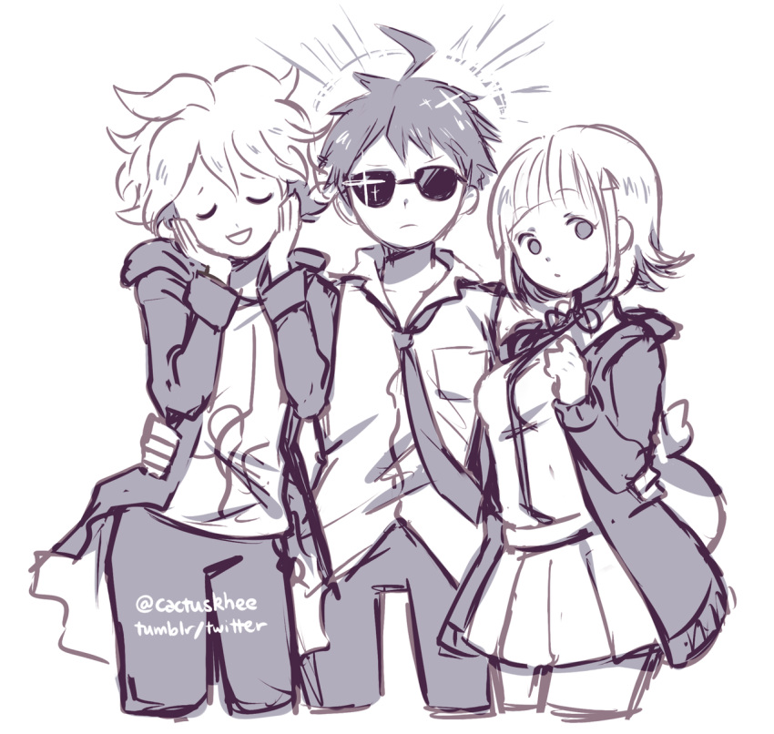 1girl, 2boys, :d, ahoge, alternate_hair_ornament, arm_around_waist, backpack, bag