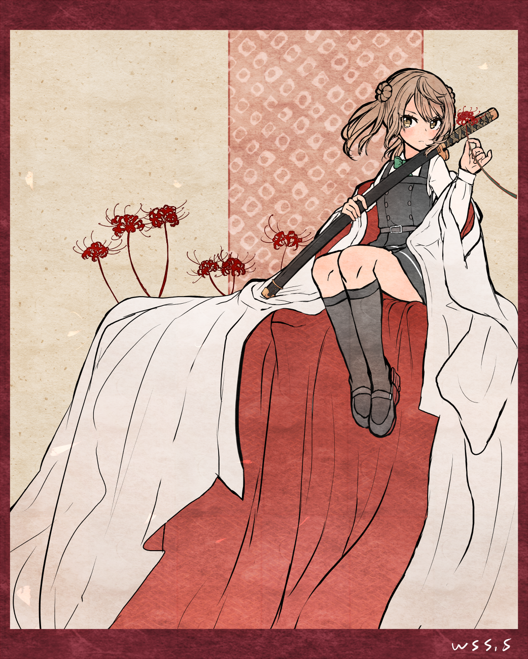 1girl, artist_name, black_socks, bow, collared_shirt, double_bun, dress, dress_shirt