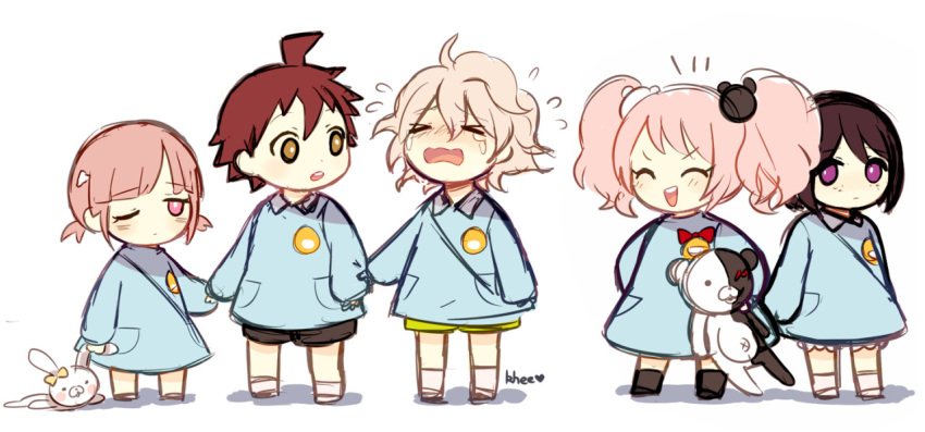 2boys, 3girls, :d, :o, aged_down, bangs, bear_hair_ornament, black_shorts, bow, child, collared_shirt, crying, danganronpa:_trigger_happy_havoc, danganronpa_(series), danganronpa_2:_goodbye_despair, enoshima_junko, hair_between_eyes, hair_ornament, hinata_hajime, holding, holding_stuffed_toy, ikusaba_mukuro, khee, kindergarten_uniform, komaeda_nagito, long_sleeves, low_twintails, monokuma, monomi_(danganronpa), multiple_boys, multiple_girls, nanami_chiaki, notice_lines, one_eye_closed, pink_eyes, red_bow, shirt, shorts, simple_background, smile, socks, stuffed_animal, stuffed_toy, teddy_bear, teeth, twintails, upper_teeth_only, white_background, yellow_shorts
