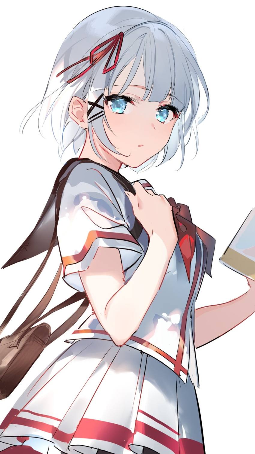 1girl, bag, bangs, black_sailor_collar, blue_eyes, book, hair_ornament, hair_ribbon