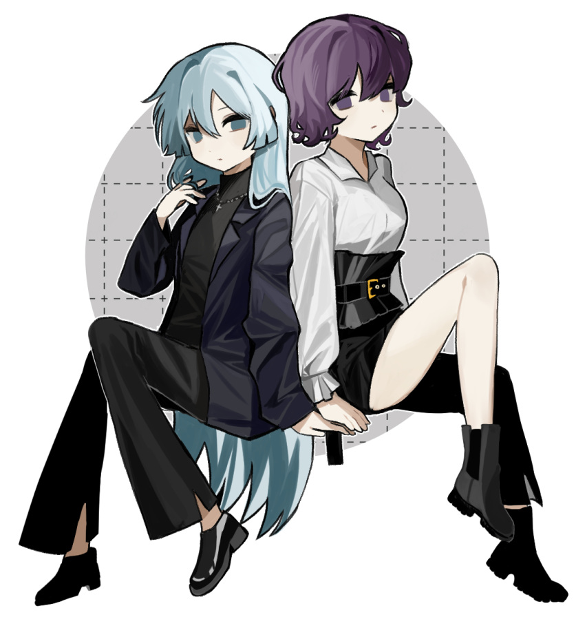 2girls, asahina_mafuyu, bangs, belt, black_footwear, black_jacket, black_pants, blue_eyes, blue_hair, hair_between_eyes, jacket, jewelry, light_blue_hair, long_hair, multiple_girls, necklace, pants, project_sekai, purple_hair, sesam344, shirt, short_hair, very_long_hair, white_shirt, yoisaki_kanade