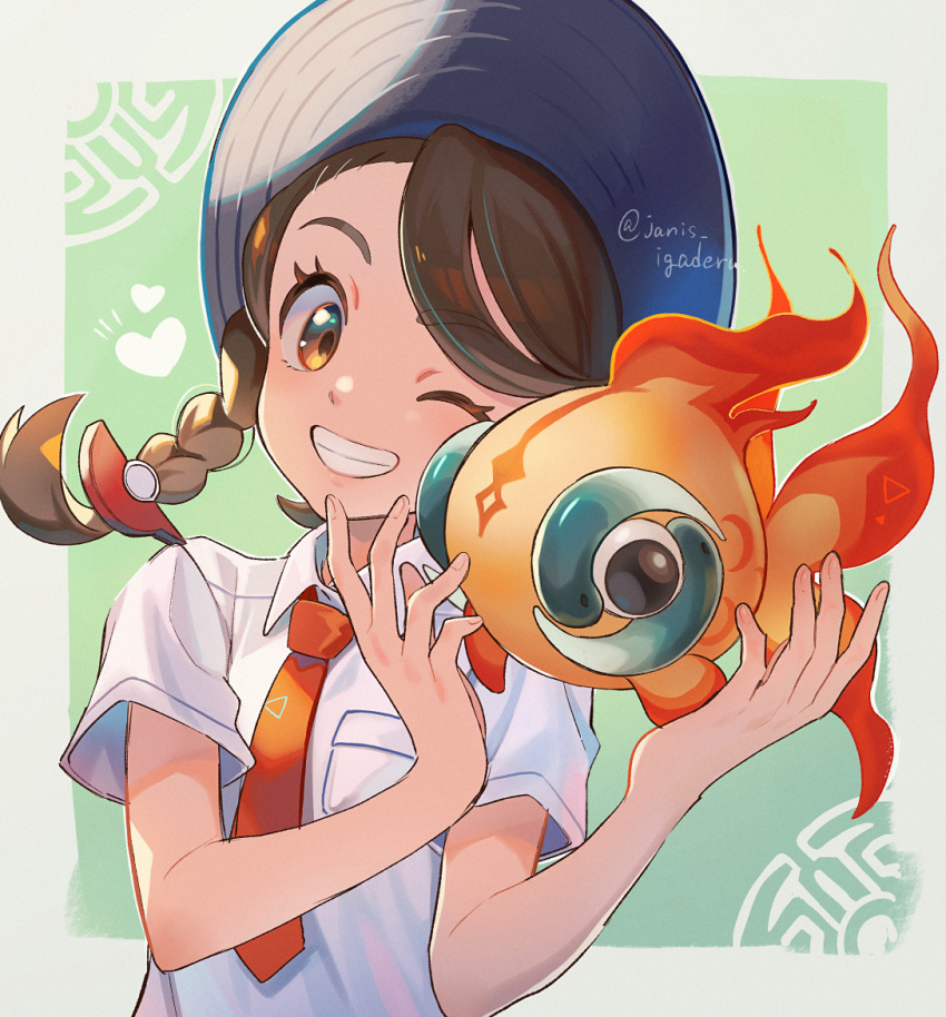 1girl, blue_headwear, border, braid, breast_pocket, brown_eyes, brown_hair, chi-yu_(pokemon), collared_shirt, commentary_request, eyelashes, green_background, grin, hands_up, hat, heart, janis_(hainegom), juliana_(pokemon), necktie, notice_lines, one_eye_closed, orange_necktie, pocket, pokemon, pokemon_(creature), pokemon_(game), pokemon_sv, shirt, short_sleeves, smile, teeth, twitter_username, white_border, white_shirt