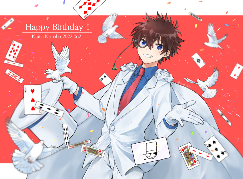 1boy, bird, blue_eyes, card, character_name, collared_shirt, dove, formal