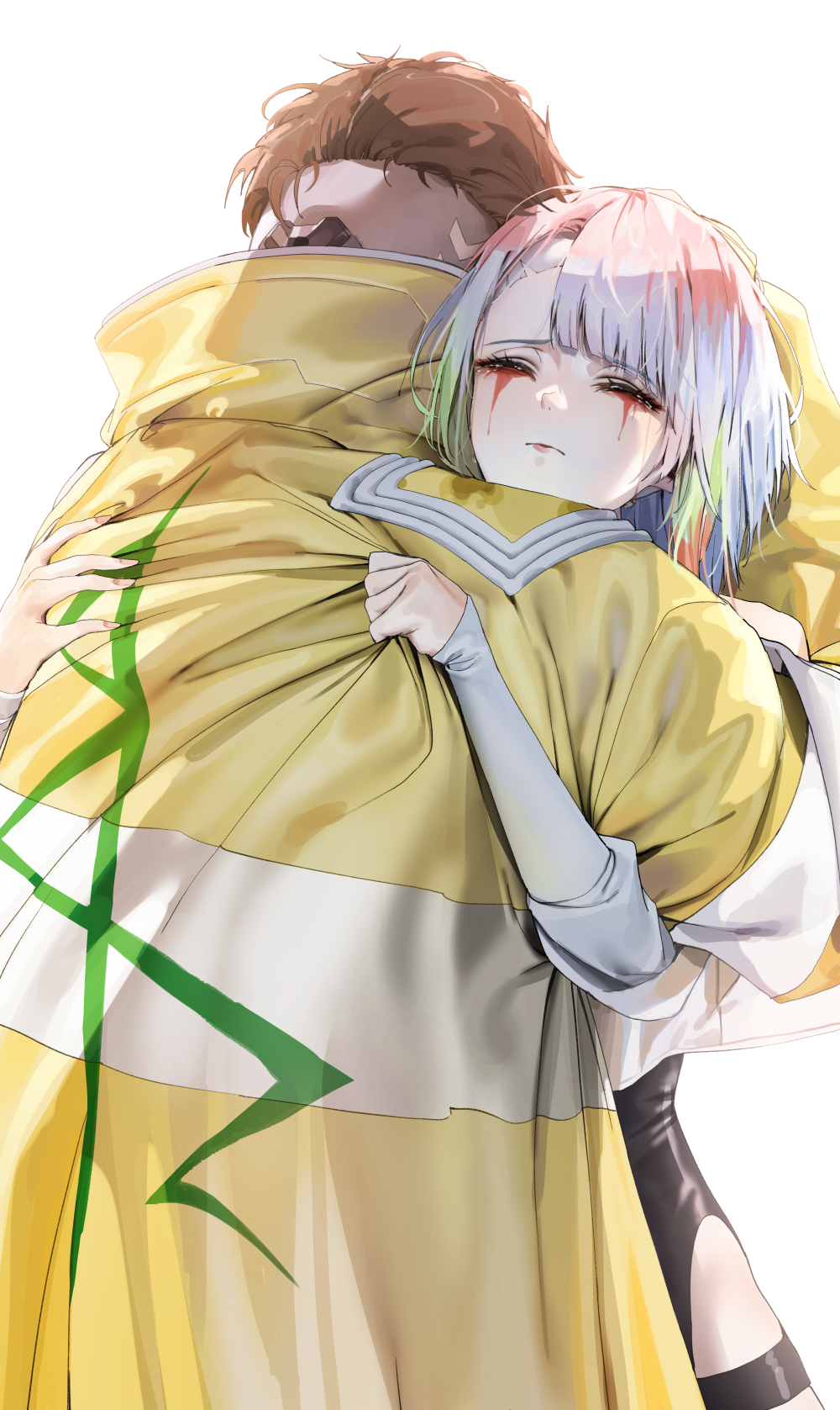 1boy, 1girl, bangs, blue_hair, bodysuit, brown_hair, closed_eyes, cyberpunk