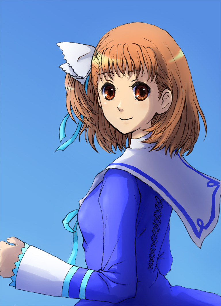 1girl, aasan_(sphynx8888), brown_eyes, brown_hair, closed_mouth, dress, hair_ornament, hair_ribbon, looking_at_viewer, looking_back, ribbon, short_hair, simple_background, smile, solo, wild_arms, wild_arms_4, yulie_ahtreide
