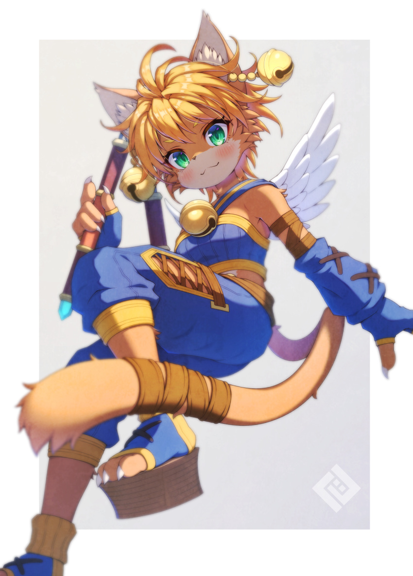 1girl, angel_wings, animal_ear_fluff, animal_ears, bandages, bell, blonde_hair, breasts